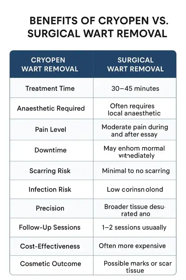 Table showing the benefits of cryopen to remove warts Weston Super Mare compared to surgical treatment